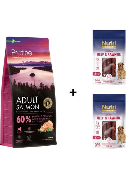 Salmon Glutensiz Somonlu Yetişkin Köpek Maması 12 kg + 2 Adet Nutri Canin Rawhide Dana Eti Sarılı Kemik Köpek Ödülü 80 gr