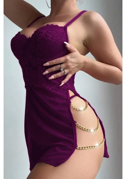 Kadın Yırtmaç Zincirli Dantelli Mor Gecelik