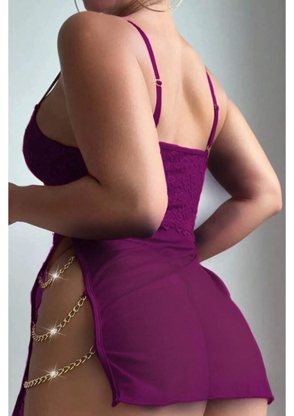 Kadın Yırtmaç Zincirli Dantelli Mor Gecelik fiyatları