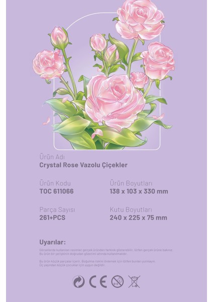 Crystal Rose Vazolu Dekoratif Güller 261 Parça Yapı Blokları ile Uyumlu (611066)