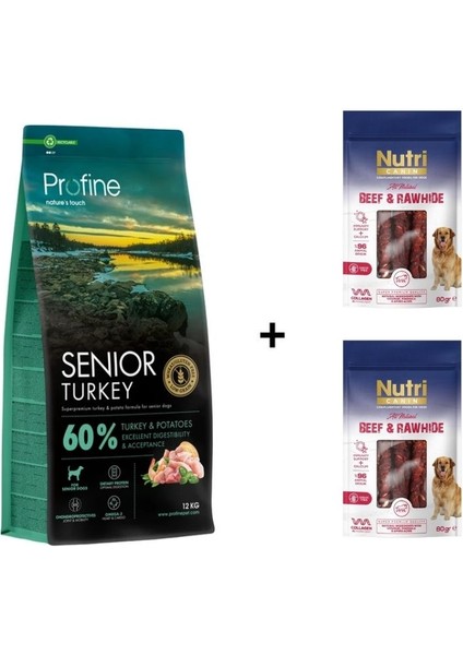 Senior Glutensiz Hindili Yaşlı Köpek Maması 12 kg + 2 Adet Nutri Canin Rawhide Dana Eti Sarılı Kemik Köpek Ödülü 80 gr