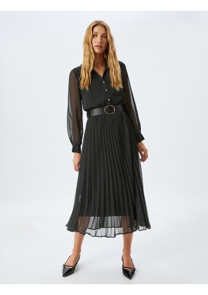 Astarlı Uzun Kollu Gömlek Yaka Düğmeli Kemerli Puantiyeli Uzun Puantiyeli Şifon Elbise fiyatları