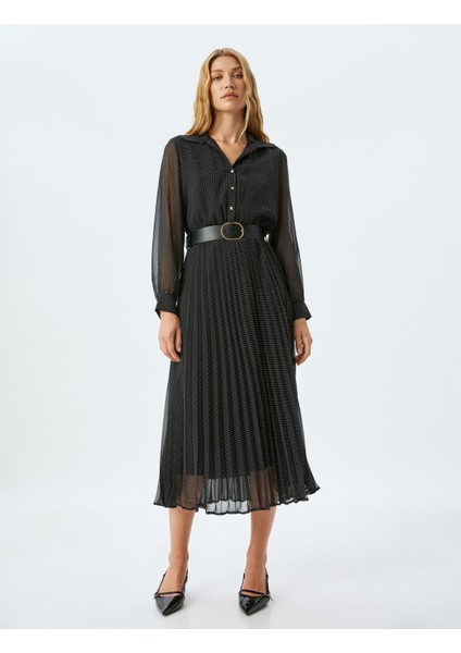 Astarlı Uzun Kollu Gömlek Yaka Düğmeli Kemerli Puantiyeli Uzun Puantiyeli Şifon Elbise modelleri