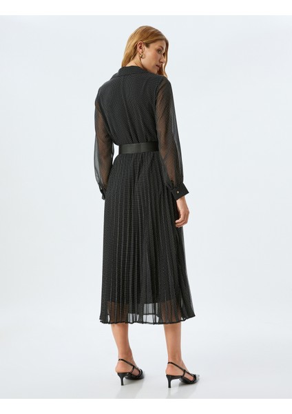 Astarlı Uzun Kollu Gömlek Yaka Düğmeli Kemerli Puantiyeli Uzun Puantiyeli Şifon Elbise fırsatları