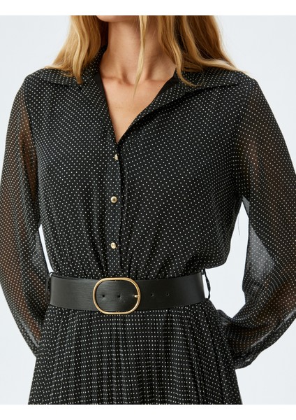Astarlı Uzun Kollu Gömlek Yaka Düğmeli Kemerli Puantiyeli Uzun Puantiyeli Şifon Elbise indirimleri