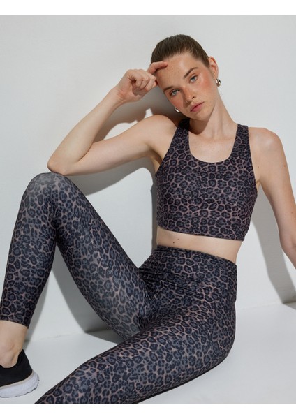 Spor Tayt Yüksek Bel Yumuşak Tuşe Leopar Baskılı Skinny Fit