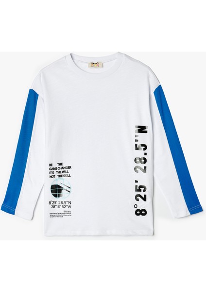 Oversize Tişört Slogan Baskılı Uzun Kollu Bisiklet Yaka Pamuklu