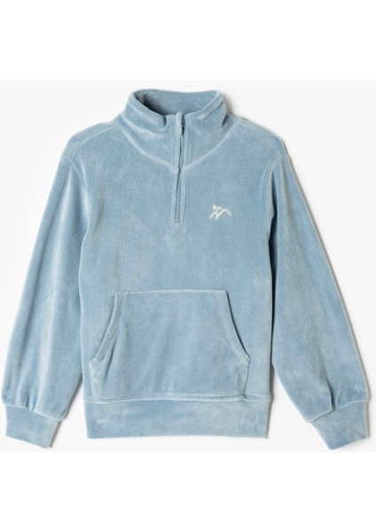 Kadife Sweatshirt Dik Yaka Yarım Fermuarlı Uzun Kollu
