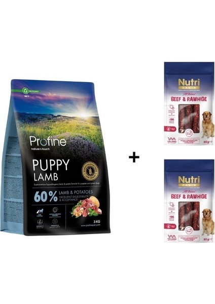 Puppy Lamb Glutensiz Kuzulu Yavru Köpek Maması 3 kg + 2 Adet Nutri Canin Rawhide Dana Eti Sarılı Kemik Köpek Ödülü 80 gr