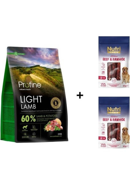Light Glutensiz Kuzulu Light Köpek Maması 3 kg + 2 Adet Nutri Canin Rawhide Dana Eti Sarılı Kemik Köpek Ödülü 80 gr