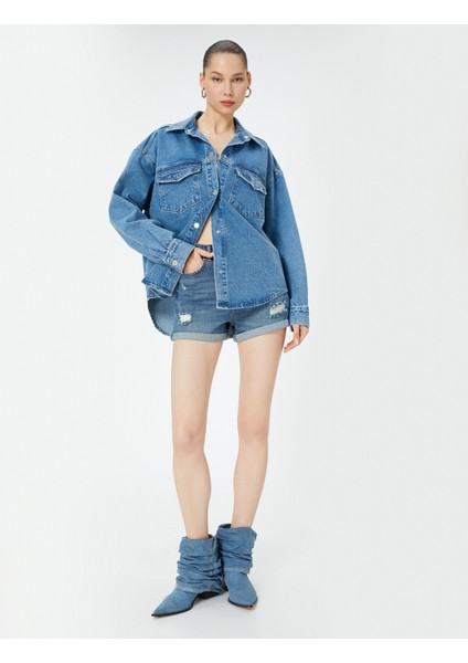 Mini Kot Şort Yüksek Bel Skinny Fit Yıpratılmış Cepli