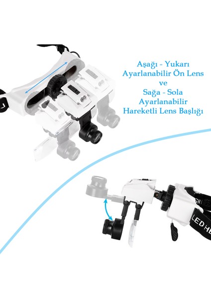 Işıklı Büyüteçli Gözlük 8 Farklı Cam Mercek Ayarlanabilir Kafa Büyüteci Lup Mercek Hareketli 2 LED