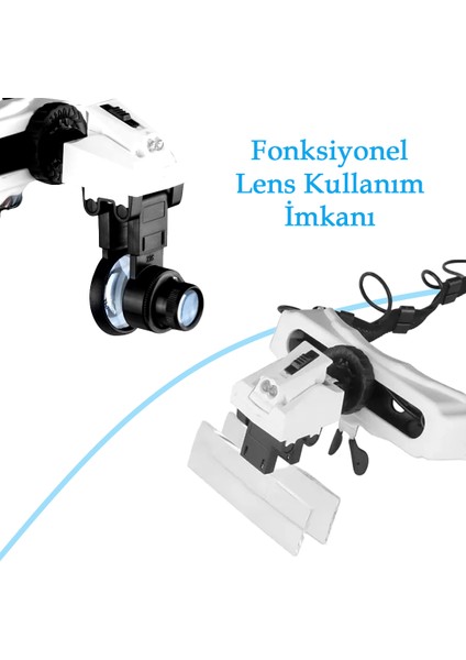 Işıklı Büyüteçli Gözlük 8 Farklı Cam Mercek Ayarlanabilir Kafa Büyüteci Lup Mercek Hareketli 2 LED