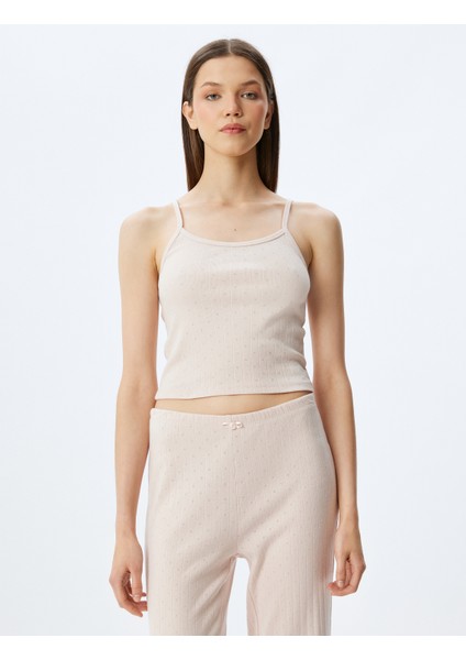 Pamuklu Örme Crop Askılı Pijama Üstü