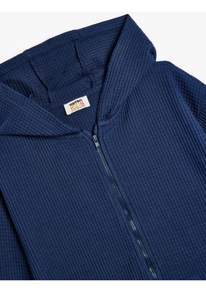 Kapşonlu Fermuarlı Sweatshirt Uzun Kollu Dokulu