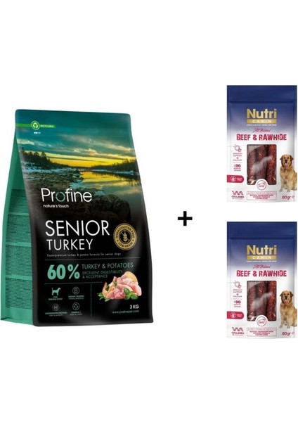 Senior Glutensiz Hindili Yaşlı Köpek Maması 3 kg + 2 Adet Nutri Canin Rawhide Dana Eti Sarılı Kemik Köpek Ödülü 80 gr