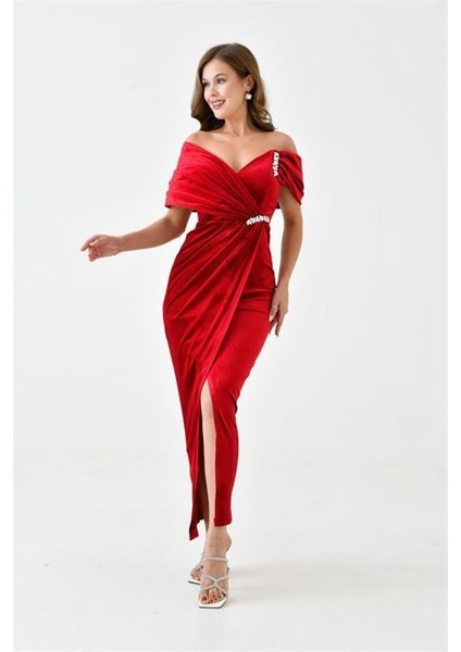 Dipmoda kadın taş ve yırtmaç detaylı kadife abiye elbise DPS9361