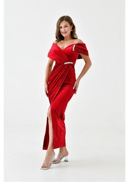 Dipmoda kadın taş ve yırtmaç detaylı kadife abiye elbise DPS9361 fiyatları