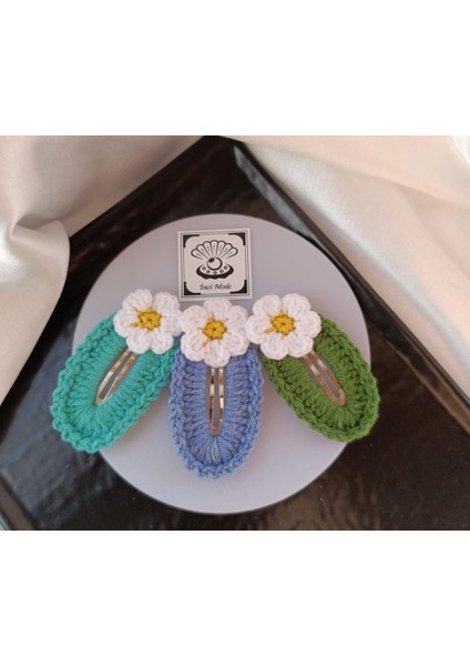 Papatya Çiçek Turkuaz Kot Mavi Açık Yeşil 3 Lü Çıtçıt Toka Seti,el Örgüsü Toka Turkuaz Tek Ebat