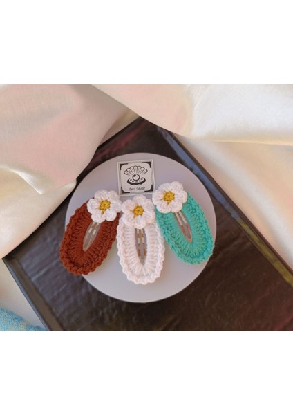 Papatya Çiçek Kahverengi Beyaz Turkuaz 3 Lü Kombin Çıtçıt Toka Seti,el Örgüsü Toka Kahverengi Tek Ebat