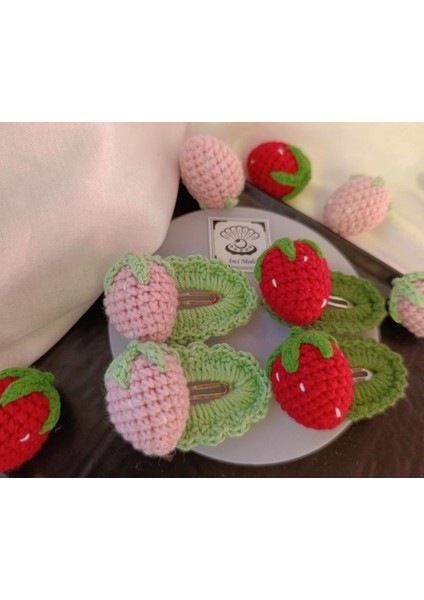 Çileklik Kırmızı Açık Pembe 4'lü Çıtçıt Toka Seti,el Örgüsü Açık Pembe Tek Ebat