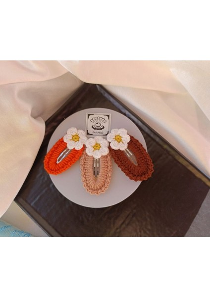 Papatya Çiçek Turuncu Somon Bordo 3 Lü Toka Seti,el Örgüsü Toka Turuncu Tek Ebat
