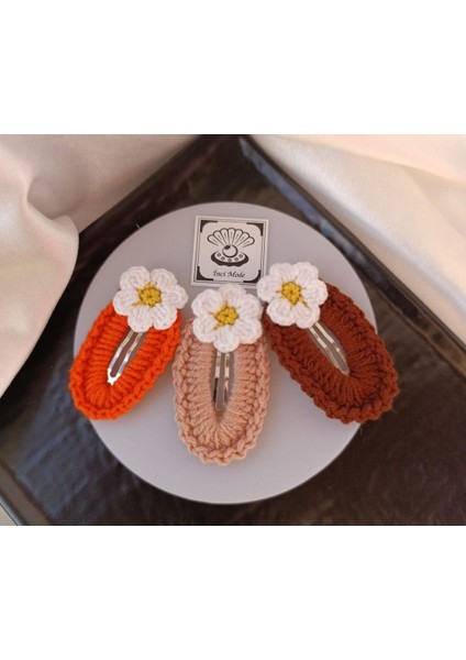 Papatya Çiçek Turuncu Somon Bordo 3 Lü Toka Seti,el Örgüsü Toka Turuncu Tek Ebat fiyatları