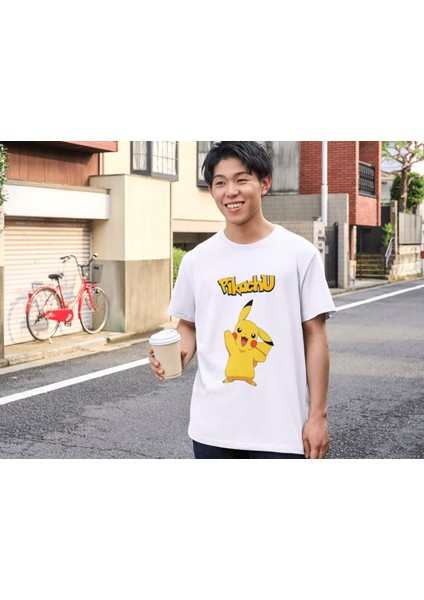 Alpşan Ticaret Pikachu Tişört Pokemon Çocuk Yetişkin Beyaz T-Shirt Pikachu Baskılı Beyaz Tişört