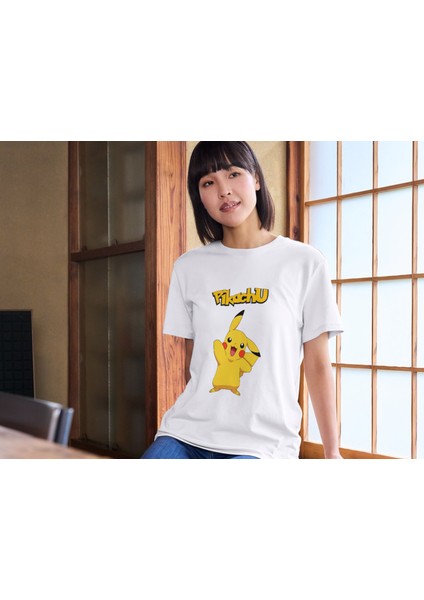 Alpşan Ticaret Pikachu Tişört Pokemon Çocuk Yetişkin Beyaz T-Shirt Pikachu Baskılı Beyaz Tişört