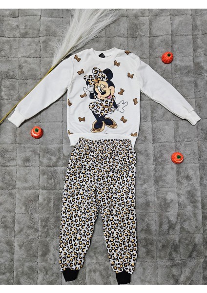 Kız Çocuk Minnie Desenli Leopar Taytlı Takım