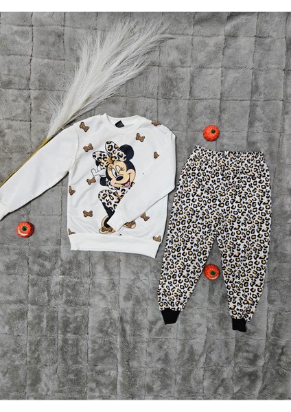 Kız Çocuk Minnie Desenli Leopar Taytlı Takım