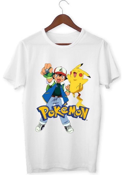 Pokemon Tişört Çocuk Yetişkin Beyaz T-Shirt Pokemon Pikachu Baskılı Beyaz Tişört