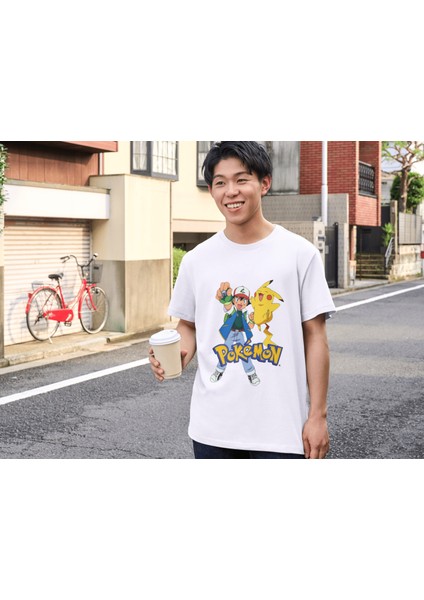 Pokemon Tişört Çocuk Yetişkin Beyaz T-Shirt Pokemon Pikachu Baskılı Beyaz Tişört