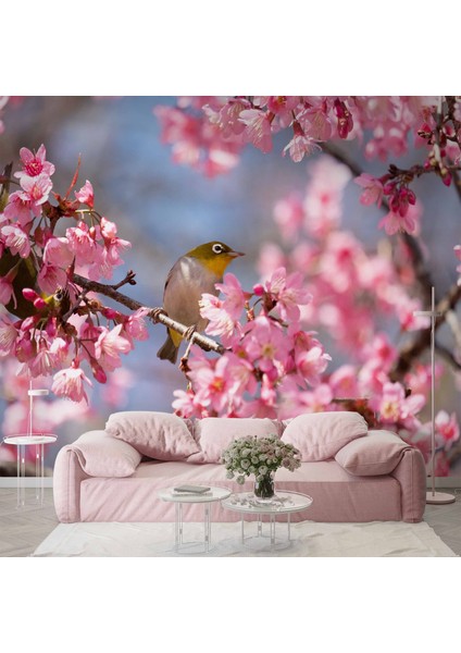 Pembe Çiçek ve Kuş Manzaralı Duvar Kağıdı