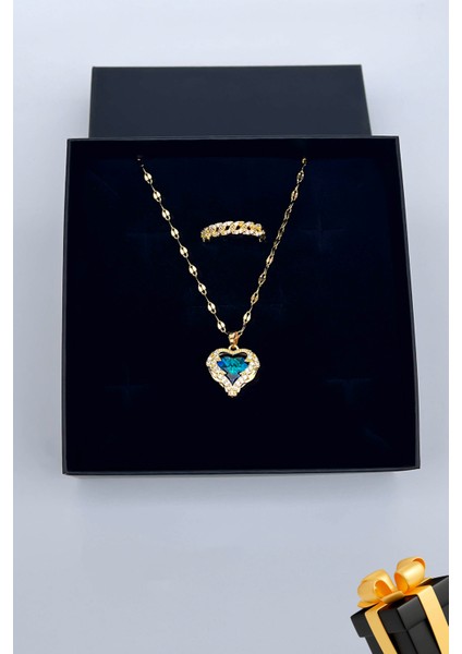 Kadın Paslanmaz Çelik Gold Zirkon Taşlı Kalp Kolye ve Taşlı Yüzük Set (Hediyelik)