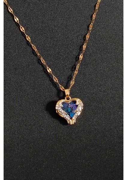 Kadın Paslanmaz Çelik Gold Zirkon Taşlı Kalp Kolye ve Taşlı Yüzük Set (Hediyelik) modelleri