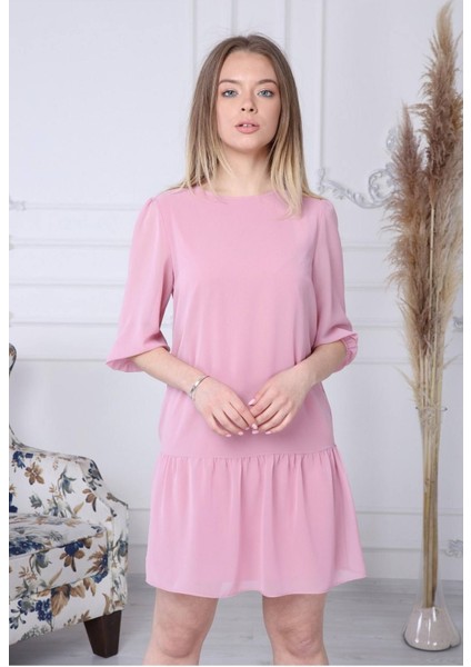 Kadın Pembe Etek Ucu Büzgülü Şifon Elbise