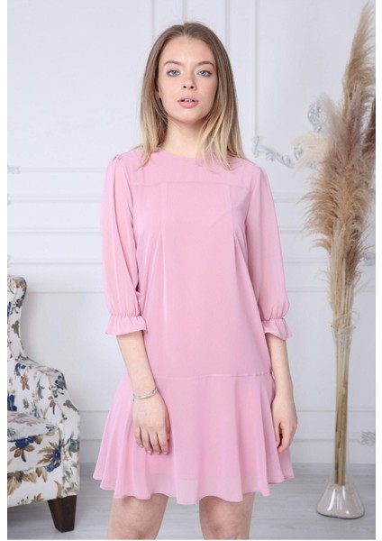 Kadın Pembe Robalı Şifon Elbise