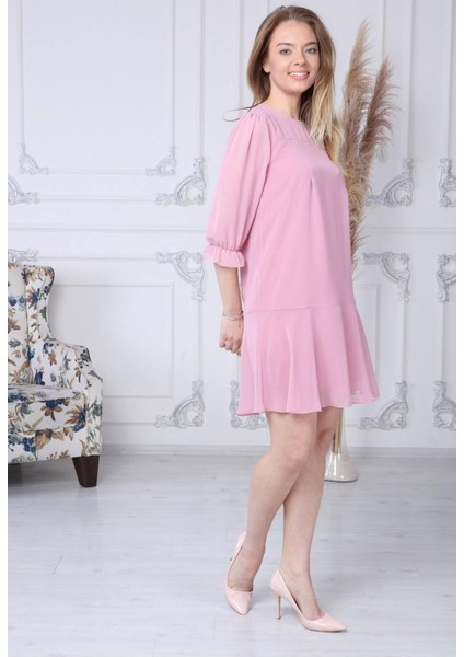Kadın Pembe Robalı Şifon Elbise modelleri