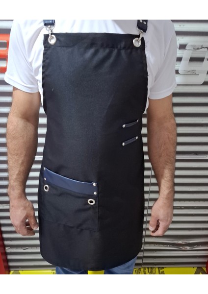 Deri Detaylı Mutfak Önlüğü Siyah Ayar Askılı (çapraz askılı)