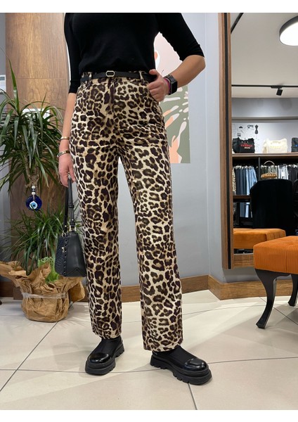 Arzu Özel Moda Atölyesi Leopar Kadın  Slim Straight Pantolon