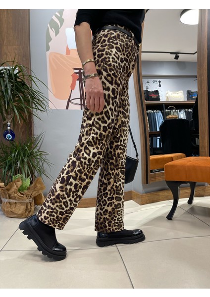 Arzu Özel Moda Atölyesi Leopar Kadın  Slim Straight Pantolon