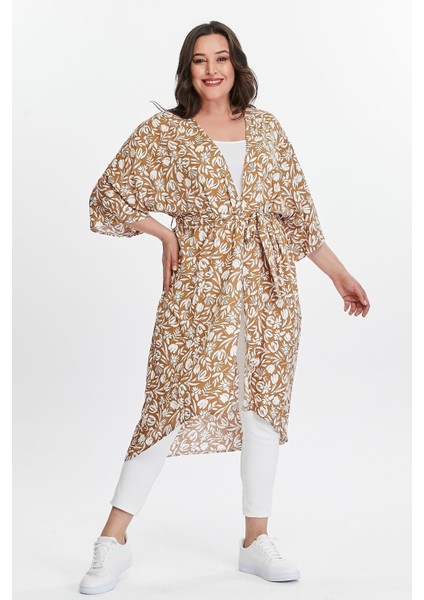 Büyük Beden Kadın Camel Çiçek Desenli Dokuma Kimono