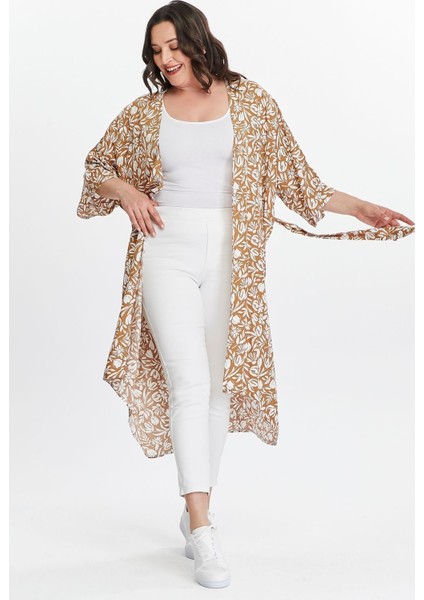 Büyük Beden Kadın Camel Çiçek Desenli Dokuma Kimono
