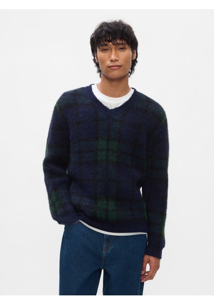 Erkek Koyu Mavi Ekose V Yaka Kazak