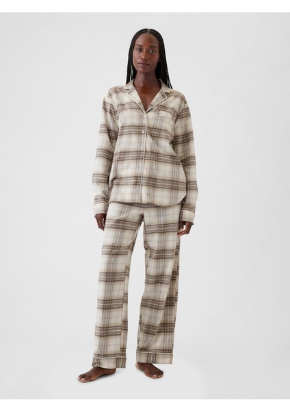 Kadın Bej Desenli Flannel Pijama Takımı