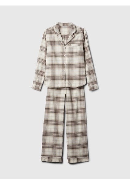 Kadın Bej Desenli Flannel Pijama Takımı