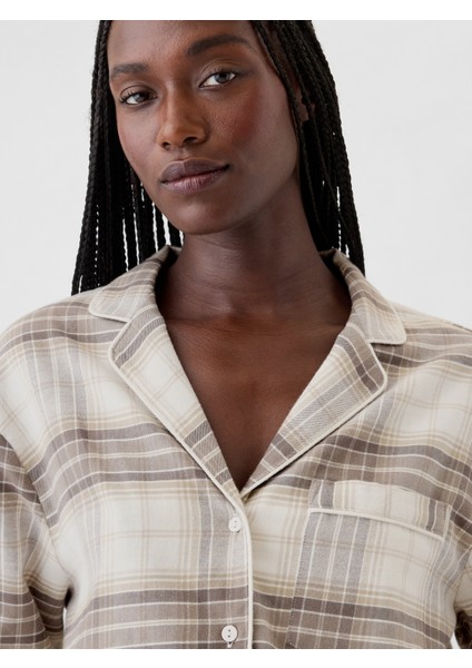 Kadın Bej Desenli Flannel Pijama Takımı