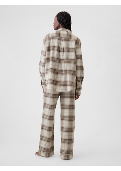 Kadın Bej Desenli Flannel Pijama Takımı