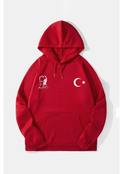 10 Kasıma Özel Üç Iplik Kapşonlu Baskılı Sweatshirt - Kırmızı